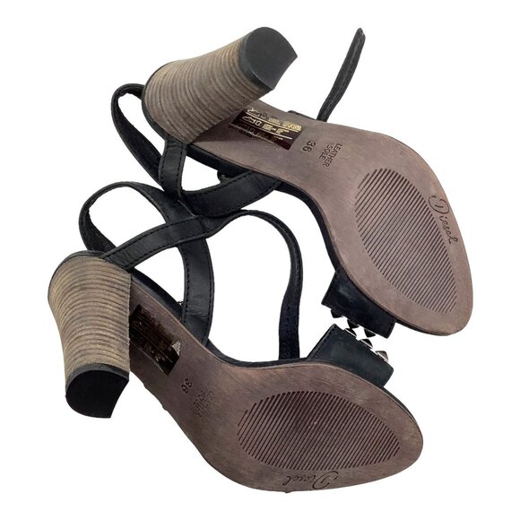 DIESEL 36 Cuir Desir Soleil Studded Sandal Block Heel Black Leather Ankle Strap - Picture 7 of 11